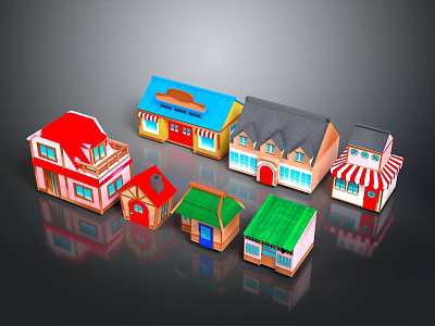 Colorful Small Architectural Model Houses with Various Roof Styles and Exterior Designs on Reflective Surface 3d model
