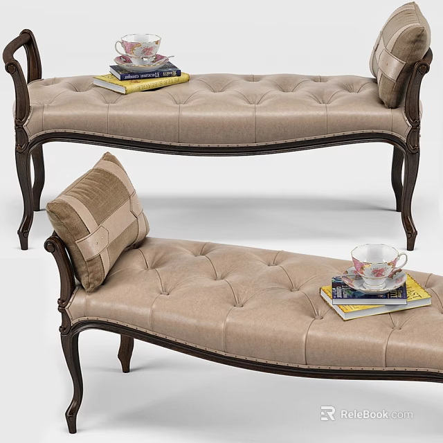 Beige Tufted Leather Sofa Bench With Dark Wooden Legs And Plaid Pillow 3d model 