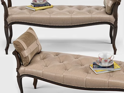 Beige Tufted Leather Sofa Bench With Dark Wooden Legs And Plaid Pillow 3d model