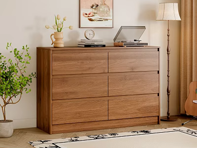 Wooden Six Drawer Dresser With Decorative Items Potted Plant Table Lamp And Wall Painting 3d model