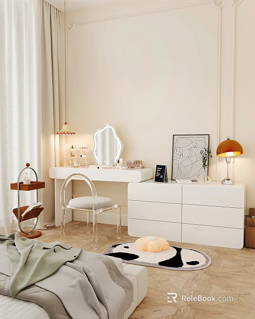 Modern White Dressing Table Interior With Mirror Chair Lamp And Decorative Drawers 3d model 