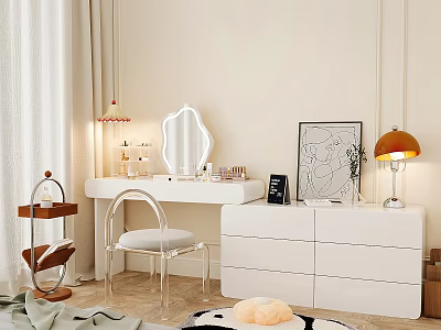 Modern White Dressing Table Interior With Mirror Chair Lamp And Decorative Drawers 3d model