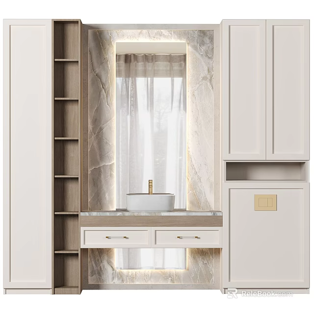 Modern Bathroom Vanity With White Cabinets Marble Wall Mirror And Open Shelves 3d model 