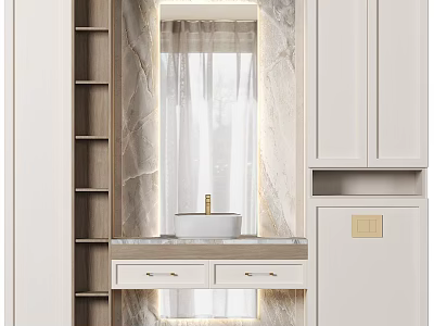 Modern Bathroom Vanity With White Cabinets Marble Wall Mirror And Open Shelves 3d model