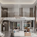 Duplex Living Room Interior With Modern Sofa Coffee Table Marble Staircase Floor-to-Ceiling Windows And Chandelier