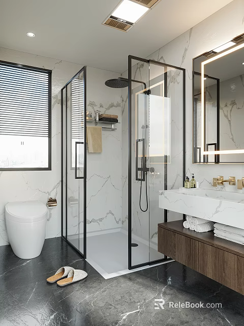 Modern Bathroom Interior Design With Glass Shower Enclosure Marble Walls White Sink And Wooden Cabinet 3d model 