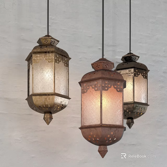 Three Vintage Chandeliers with Metal Frame Frosted Glass Shade and Ornate Carved Details 3d model 