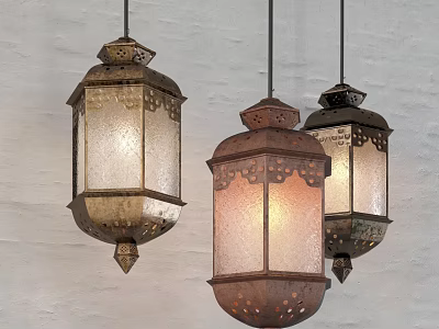 Three Vintage Chandeliers with Metal Frame Frosted Glass Shade and Ornate Carved Details 3d model
