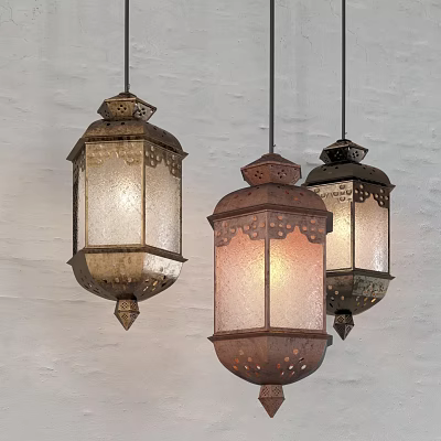 Three Vintage Chandeliers with Metal Frame Frosted Glass Shade and Ornate Carved Details 3d model