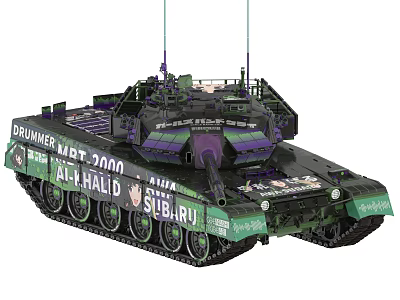 Military Tank MBT 2000 Al Halid Green Purple Camouflage With Cannon Turret Tracks 3d model