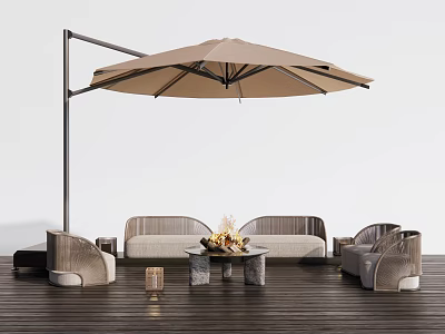 Outdoor Sofa Set with Umbrella and Fire Pit on Wooden Deck 3d model
