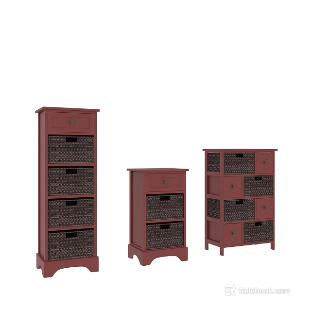 Dark Red Storage Chest of Drawers with Woven Basket Drawers in Three Sizes 3d model 