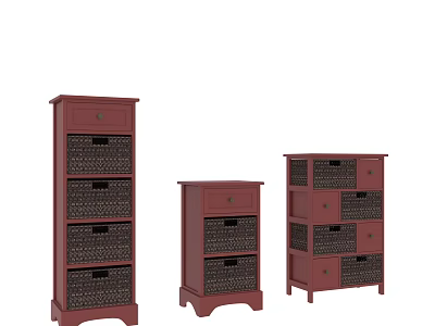 Dark Red Storage Chest of Drawers with Woven Basket Drawers in Three Sizes 3d model