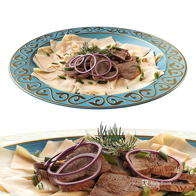 Sliced Meat with Onion Rings Thin Flatbread and Fresh Herbs on Blue Patterned Plate 3d model 