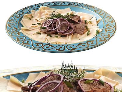 Sliced Meat with Onion Rings Thin Flatbread and Fresh Herbs on Blue Patterned Plate 3d model