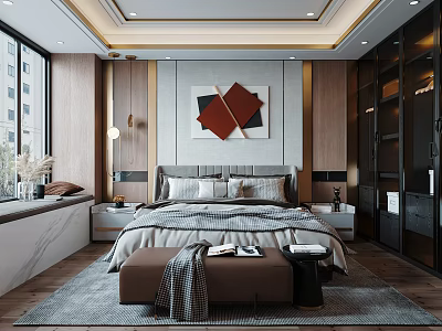Elegant Modern Bedroom Interior With Bed Decorative Artwork Nightstand Rug And Wardrobe 3d model