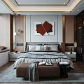 Elegant Modern Bedroom Interior With Bed Decorative Artwork Nightstand Rug And Wardrobe