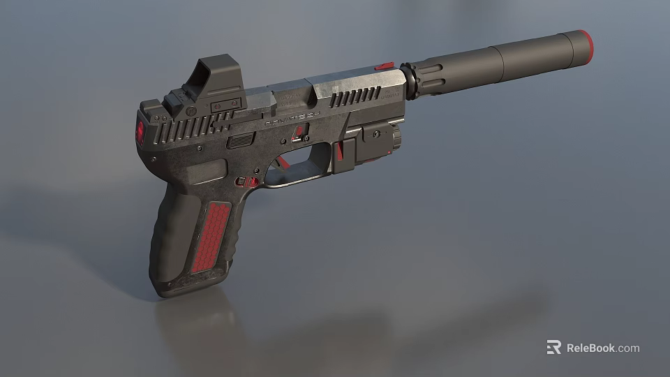Futuristic Weapon Pistol With Black Body Red Accents And Tactical Scope 3d model 