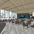 Modern Sales Office Interior With Floor to Ceiling Windows Light Colored Tables Chairs Digital