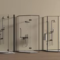 Three Modern Shower Cabins With Transparent Glass Black Frames Light Colored Walls And Wooden Flooring