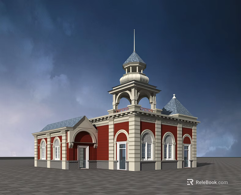 European Style Building With Red White Exterior Tower And Arched Windows 3d model 