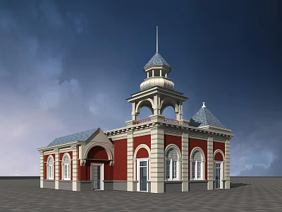 European Style Building With Red White Exterior Tower And Arched Windows 3d model