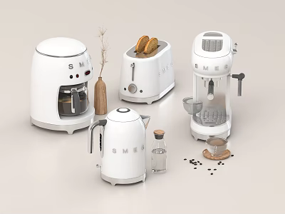 White Modern Kitchen Appliances With Coffee Maker Toaster Kettle And Decorative Elements 3d model