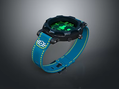 Sporty Watch With Blue Strap Yellow Stitching Black Dial Green Digital 3d model