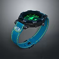 Sporty Watch With Blue Strap Yellow Stitching Black Dial Green Digital
