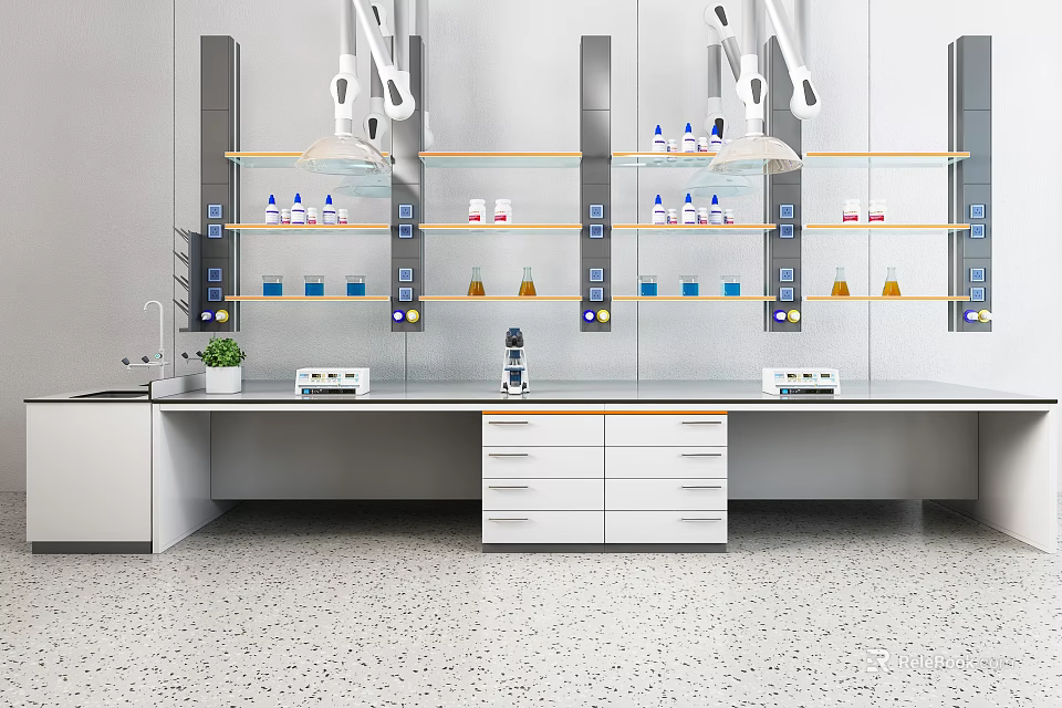 Modern Laboratory Setup With Lab Bench Shelves Reagent Bottles And Equipment 3d model 