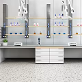 Modern Laboratory Setup With Lab Bench Shelves Reagent Bottles And Equipment