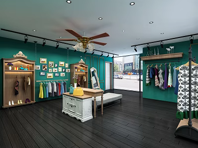 Clothing Store Interior With Green Walls Hanging Clothes Shoe Display And Ceiling Fan 3d model