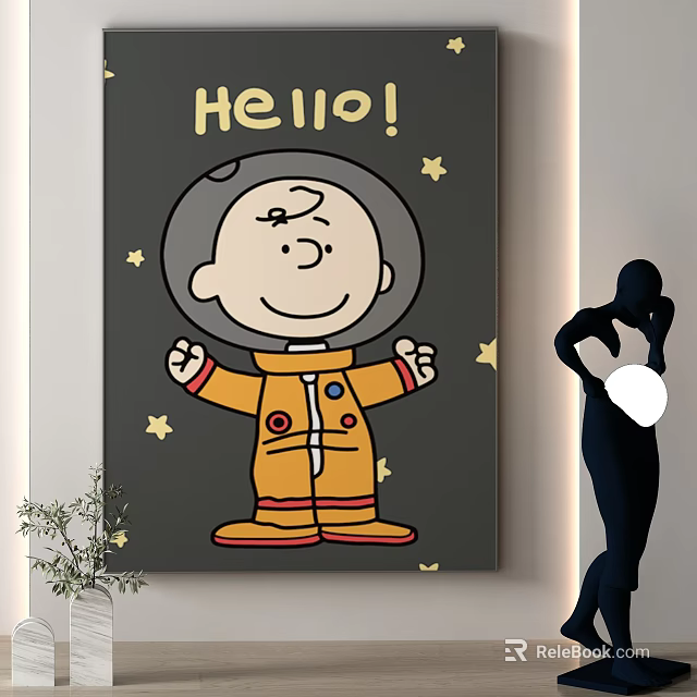 Cartoon Astronaut Decorative Painting With Hello Text And Yellow Stars In Interior Scene 3d model 