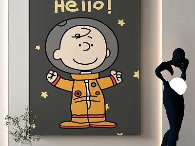 Cartoon Astronaut Decorative Painting With Hello Text And Yellow Stars In Interior Scene 3d model
