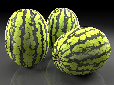 Three Juicy Watermelons with Green and Black Stripes on Shiny Surface 3d model