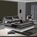 Modern Bedroom Background Double Bed With Gray Bedding Side Tables White Armchair And Wall Sconces