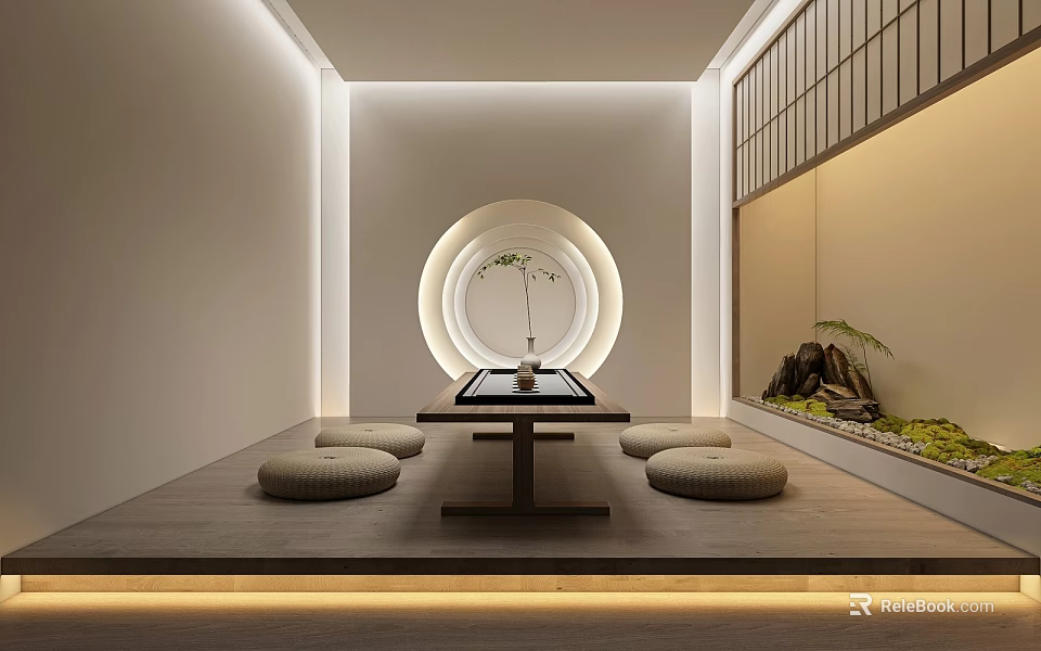 Modern Tea Room Interior With Circular Window Wooden Table Floor Cushions And Rock Plant Decoration 3d model 