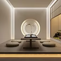 Modern Tea Room Interior With Circular Window Wooden Table Floor Cushions And Rock Plant Decoration