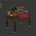 Vintage Wooden Table Setup with Green Book Red Cloth Bottles Mortar and Fruits