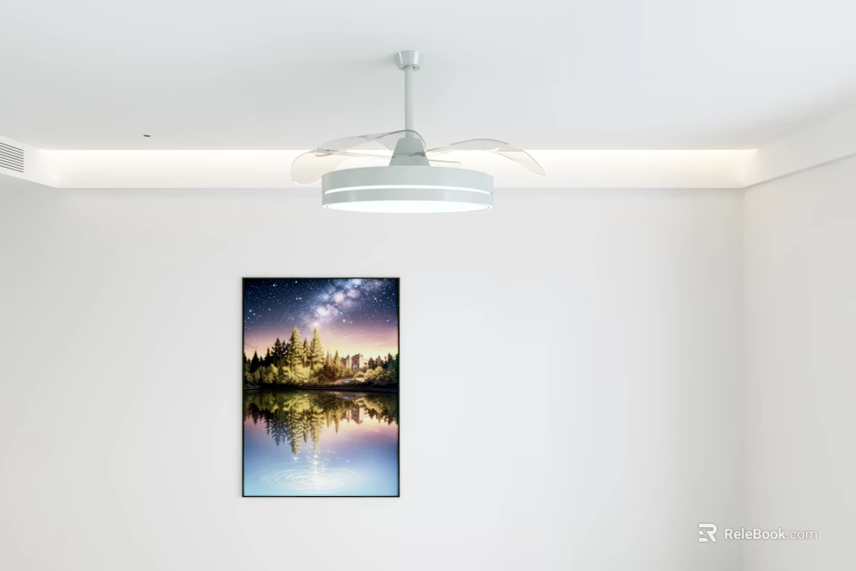 Ceiling Air Conditioning Fan in White Room With Wall Painting Starry Sky Trees Lake Reflection 3d model 