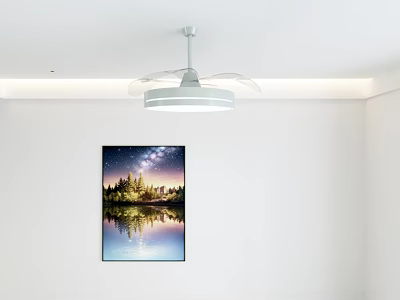 Ceiling Air Conditioning Fan in White Room With Wall Painting Starry Sky Trees Lake Reflection 3d model