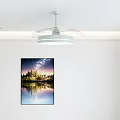 Ceiling Air Conditioning Fan in White Room With Wall Painting Starry Sky Trees Lake Reflection