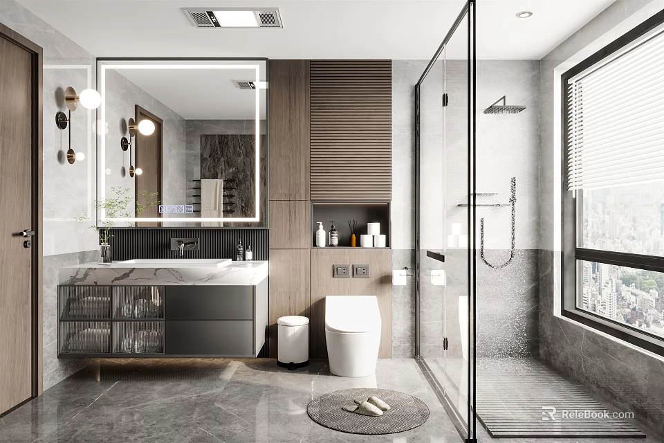 Modern Bathroom Interior Design With Large Mirror Wooden Vanity Glass Shower And Gray Tiles 3d model 