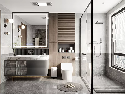 Modern Bathroom Interior Design With Large Mirror Wooden Vanity Glass Shower And Gray Tiles 3d model