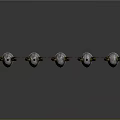 Five Silver Helmets With Golden Horns Arranged On Black Background With Reflections