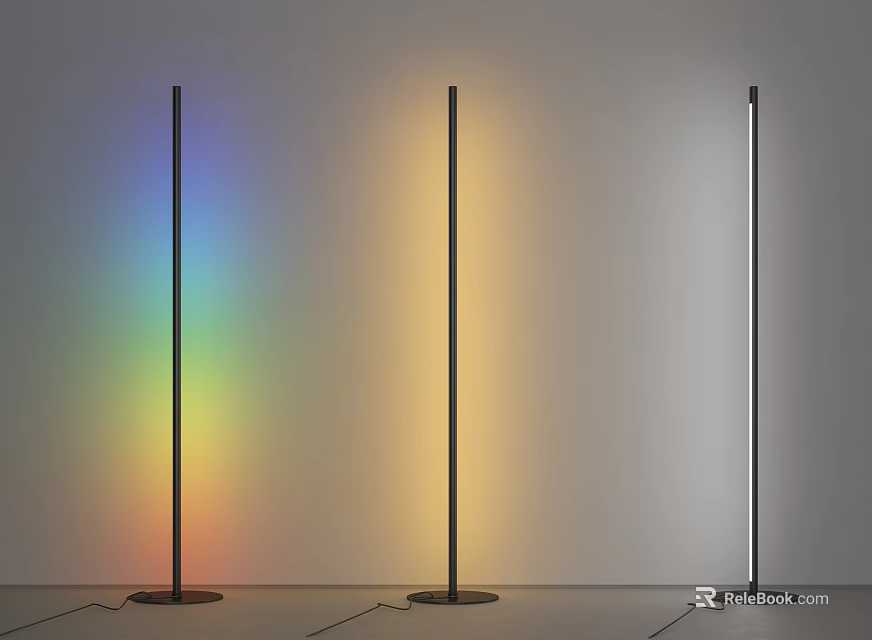Modern Slim Floor Lamps With Rainbow Yellow And White Light Glow In Interior 3d model 
