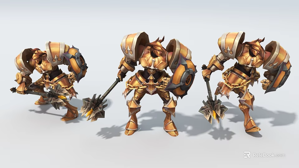 Game Warrior Characters In Golden Brown Armor Holding Warhammers And Shields With Multiple Poses 3d model 
