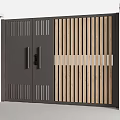 Modern Double Entrance Gate With Vertical Wooden Slats And Metal Frame
