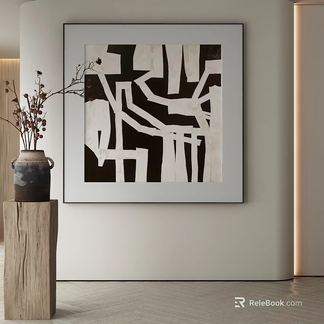 Black and White Abstract Painting Hanging on White Wall with Wooden Stand and Vase 3d model 