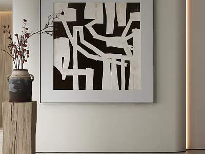 Black and White Abstract Painting Hanging on White Wall with Wooden Stand and Vase 3d model